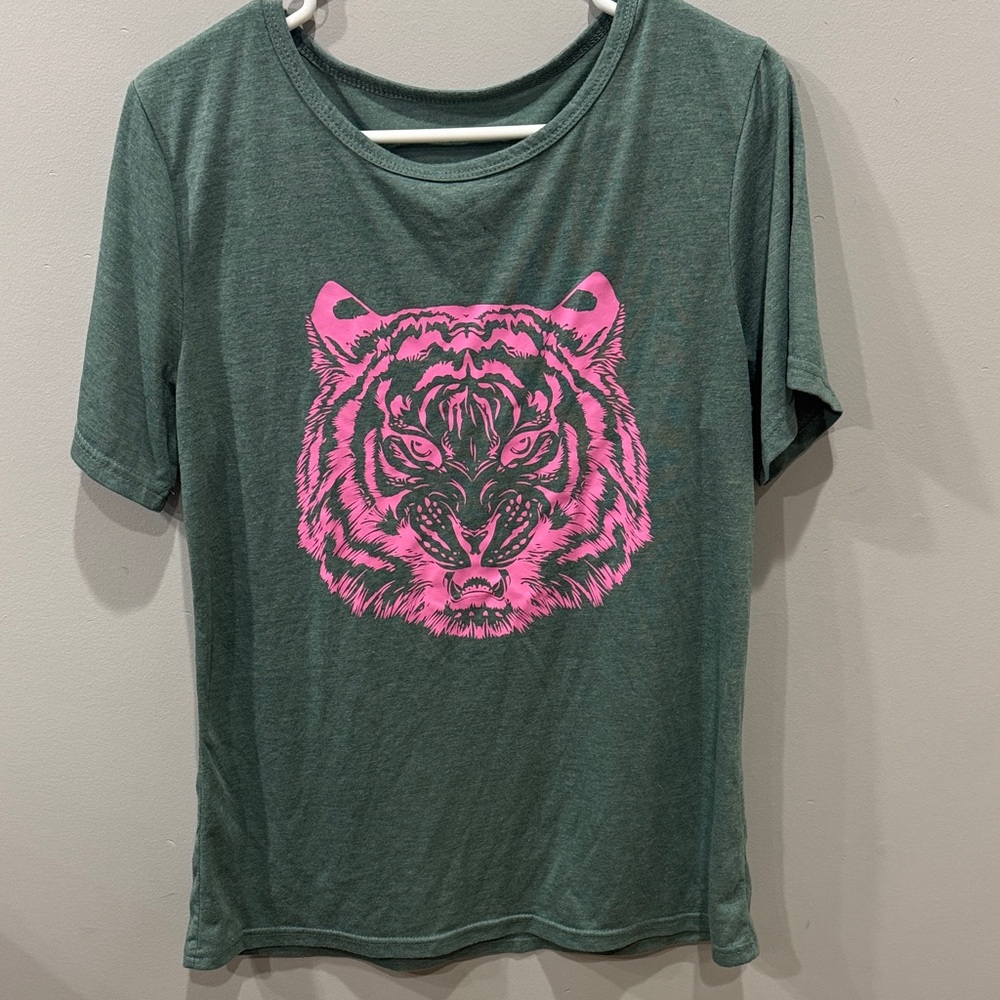 Green T-Shirt with Pink Tiger Graphic